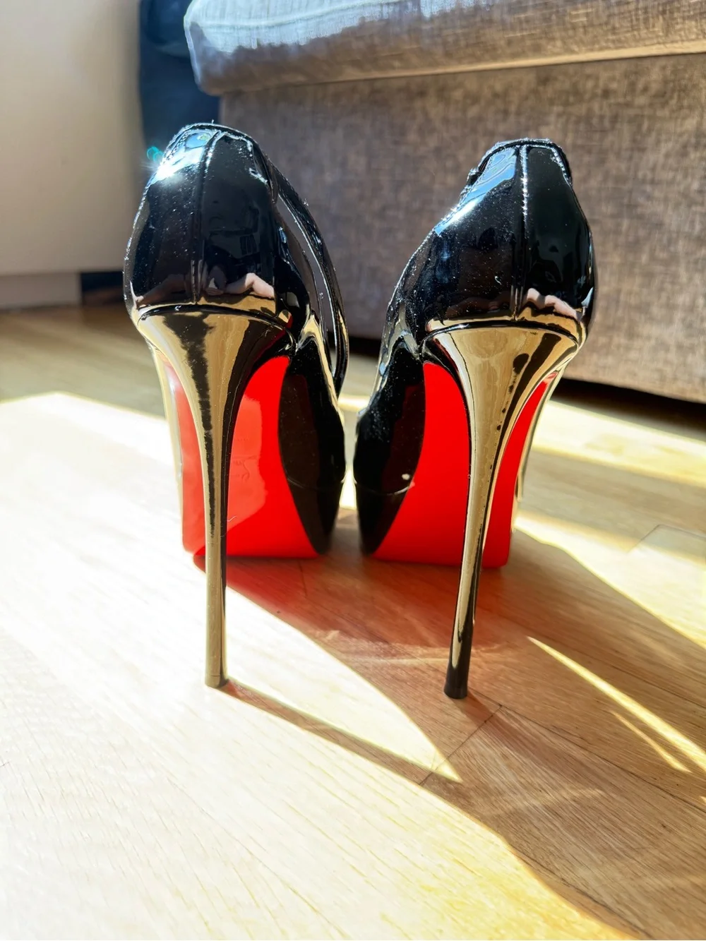 Christian Louboutin Black Patent Peep-Toe Lace-Up Platform Pumps with Red Sole